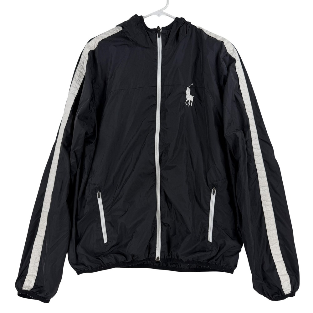 Polo Ralph Lauren Jacket Mens Medium Black Hooded Zip Nylon Windbreaker Polo 67